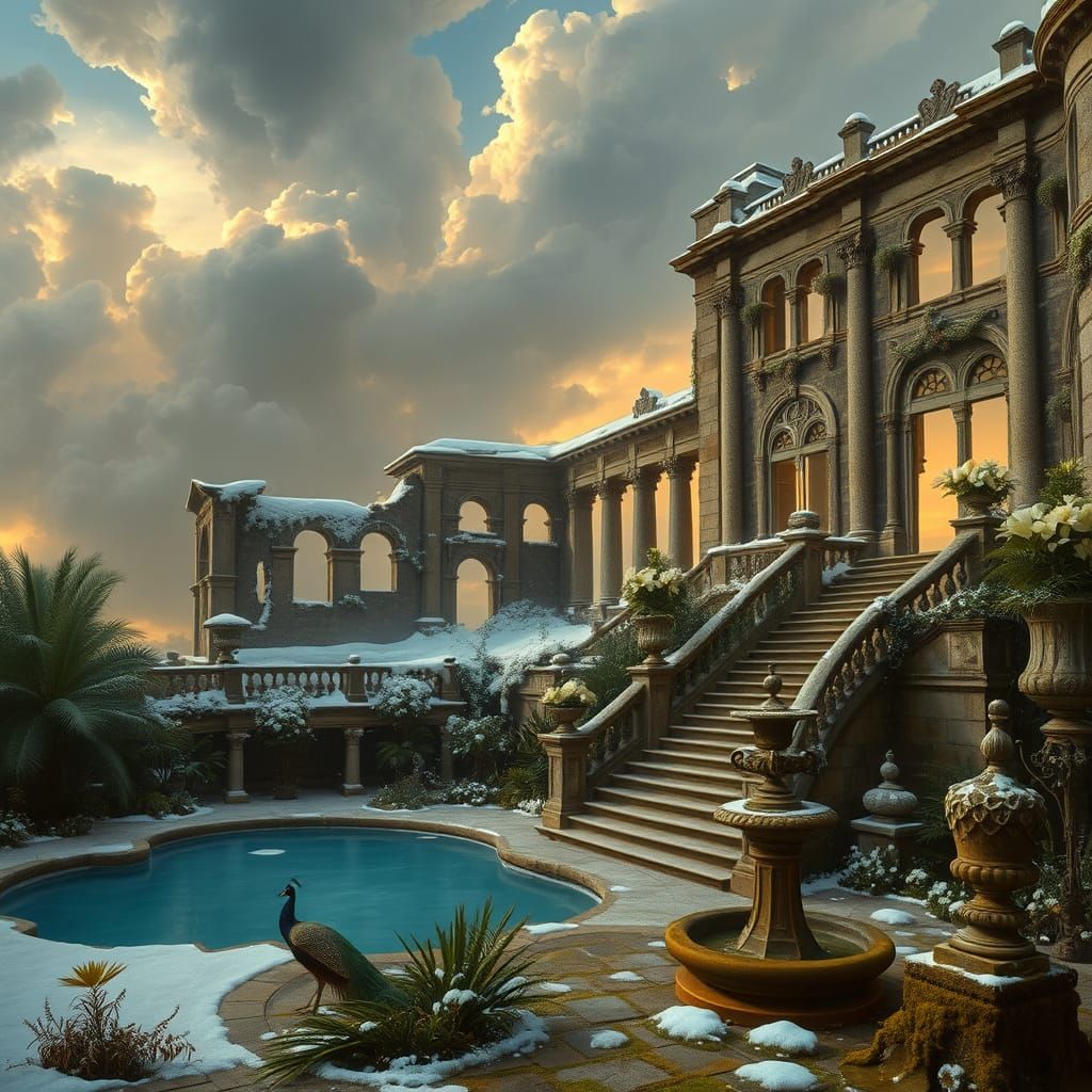 Ruined Palace with Peacock in Winter Light