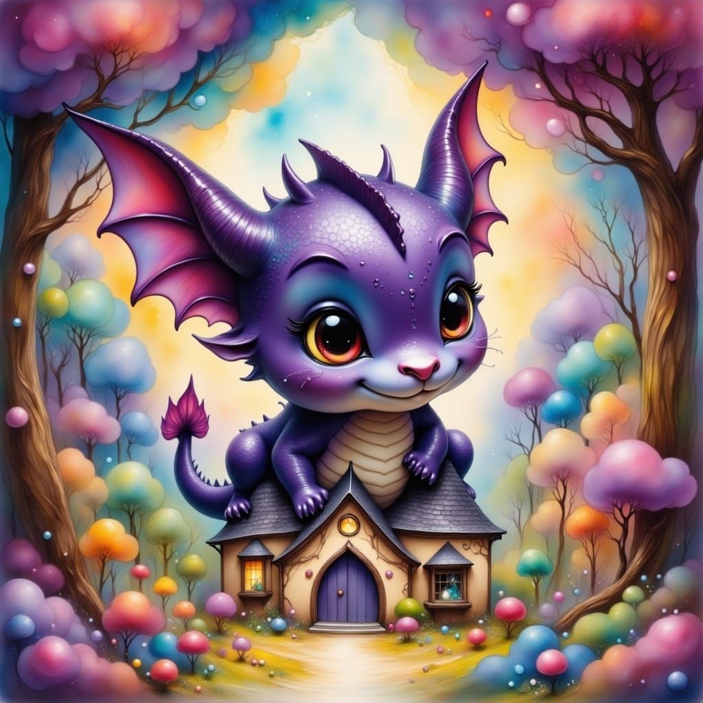 Whimsical Dark Purple Dragon Soars Over Pastel Castle