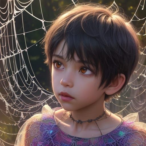 Whimsical Child in Glistening Spiderweb Art