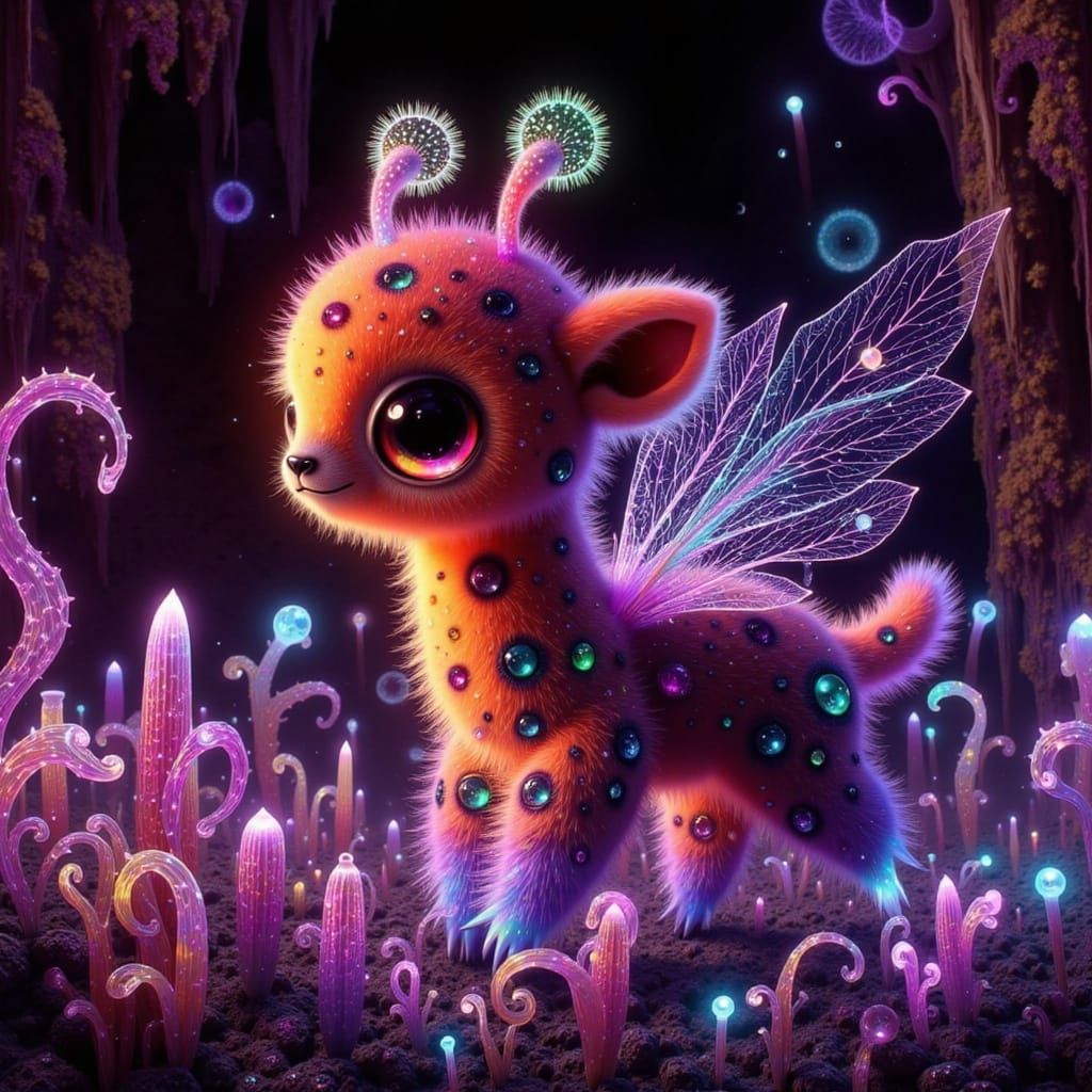 Rainbow Giraffe in Bioluminescent Crystal Cave
