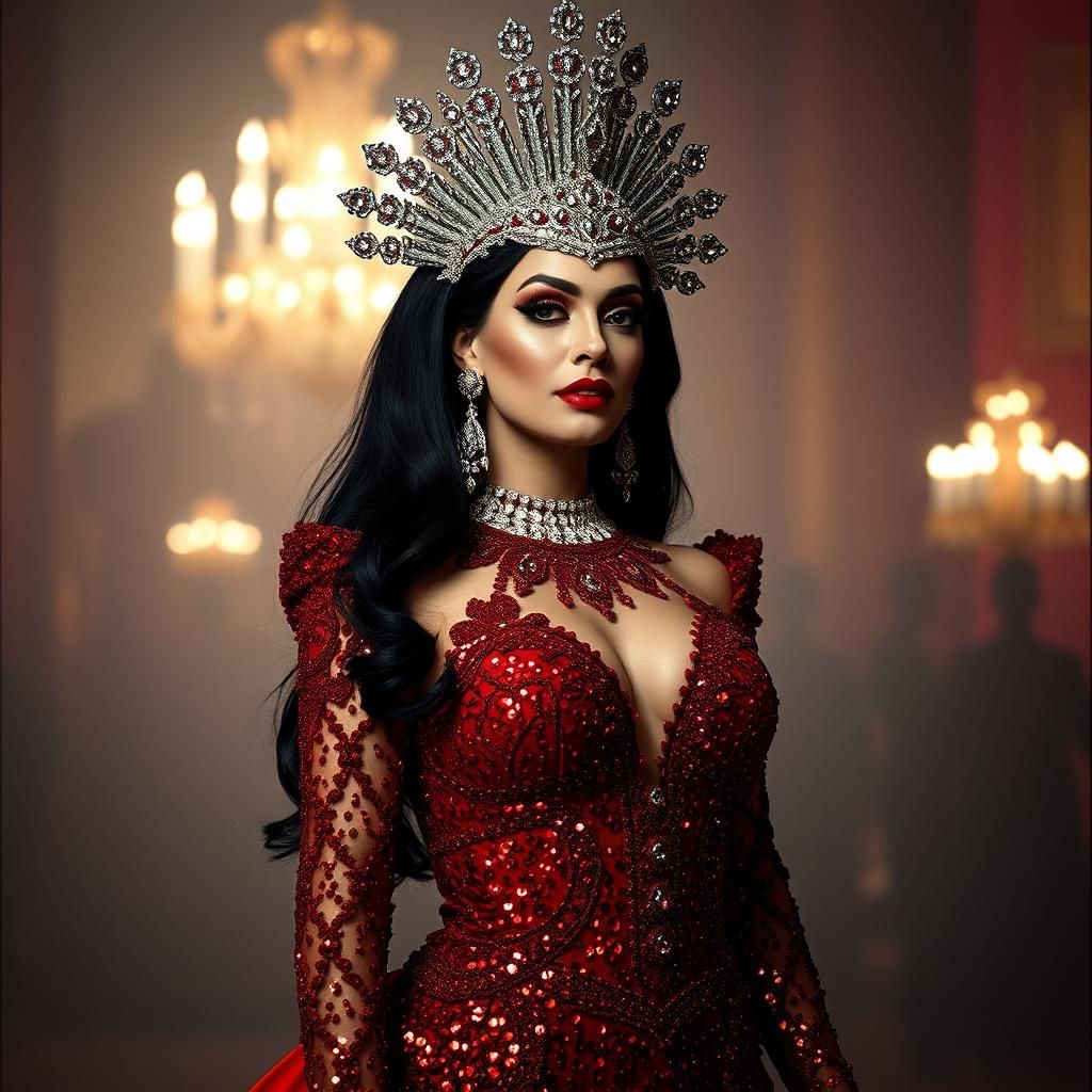 Glamorous Drag Queen in Scarlet Gown, Cinematic Portrait