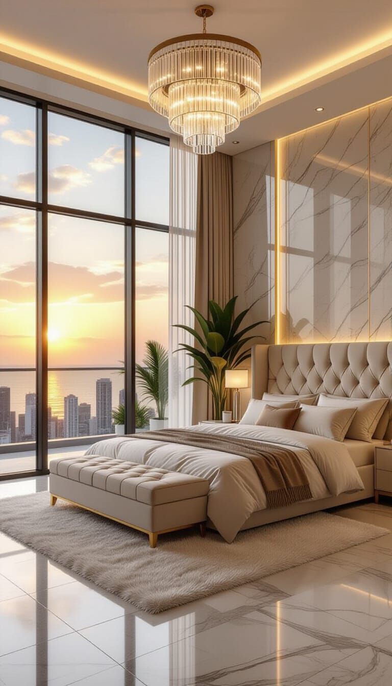 Luxurious Modern Bedroom With City and Ocean Sunset View