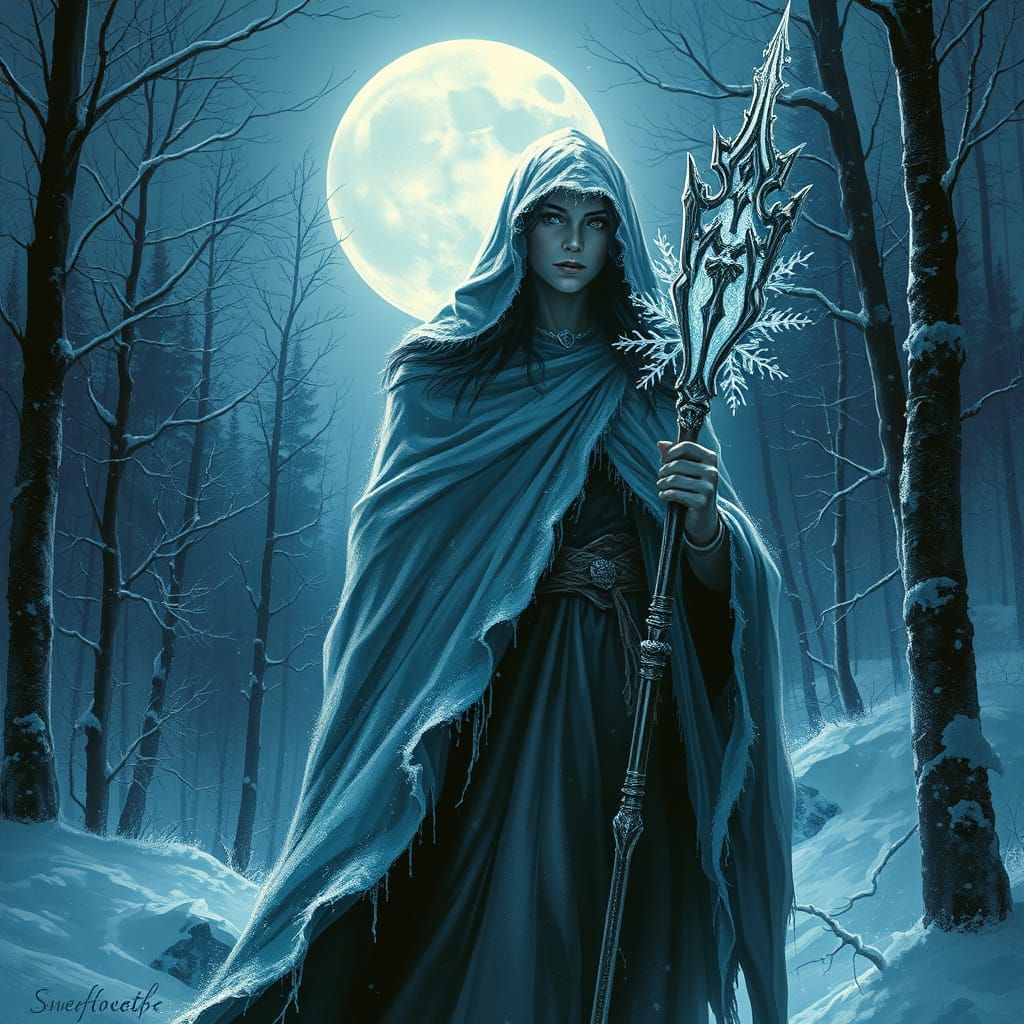 Mysterious Winter Witch in Moonlit Frozen Forest