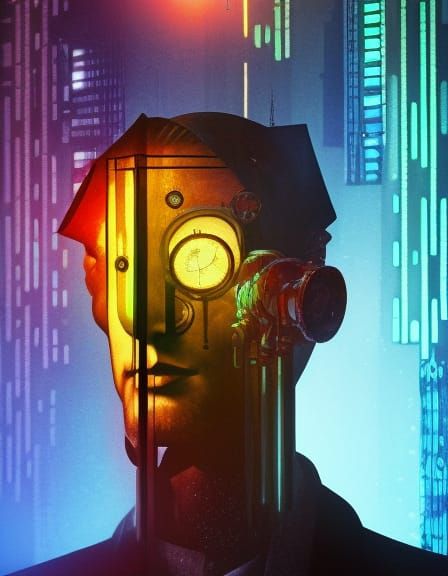 Cyberpunk Man Head in Bauhaus Stained Glass Style