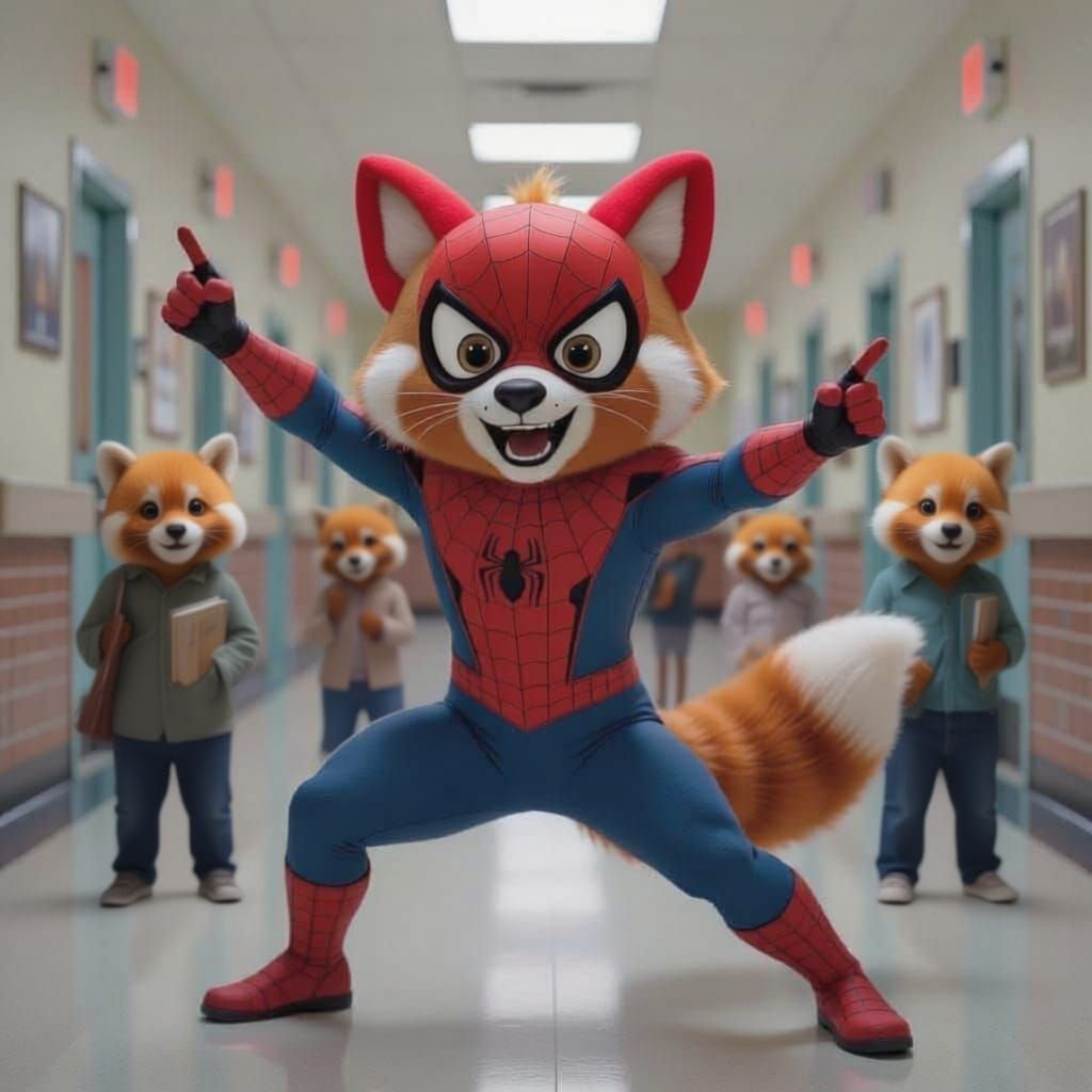 Turning Red Panda as Spiderman in High School Hallway