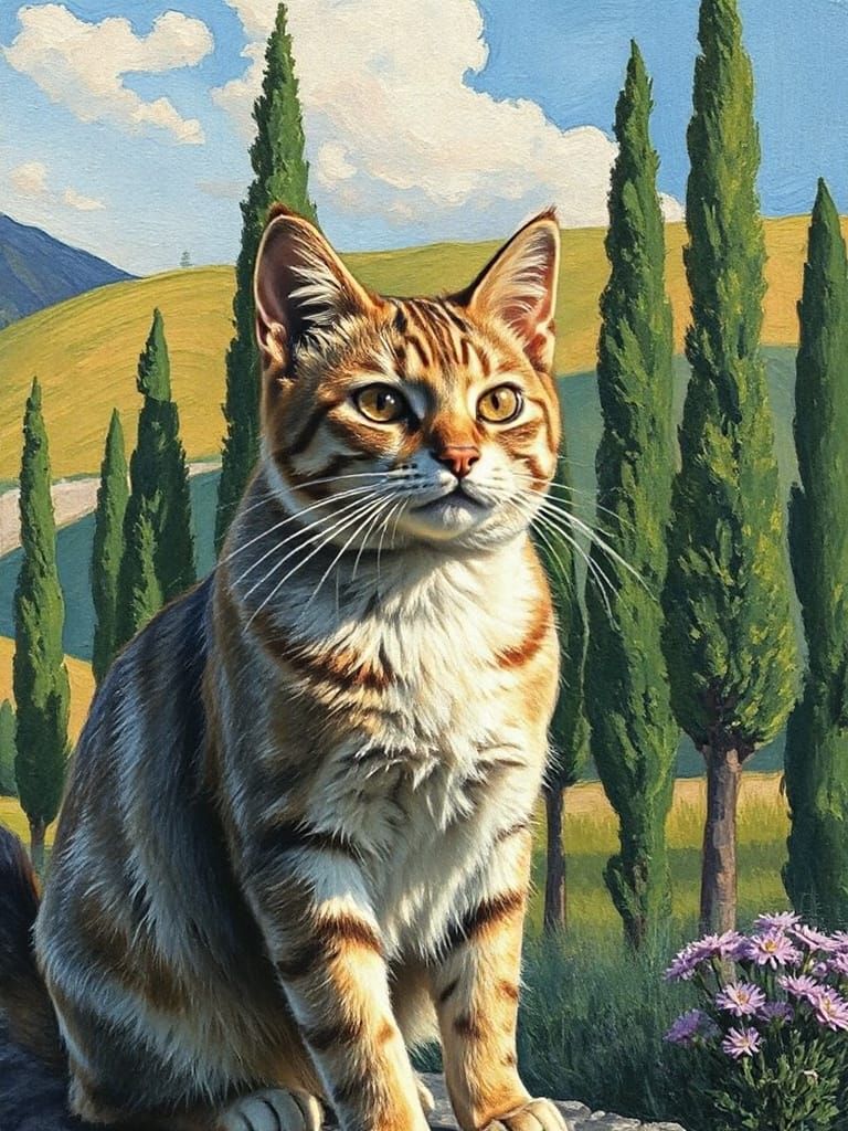 Impasto Impressionist cat in front of Cypress trees in an Italian landscape