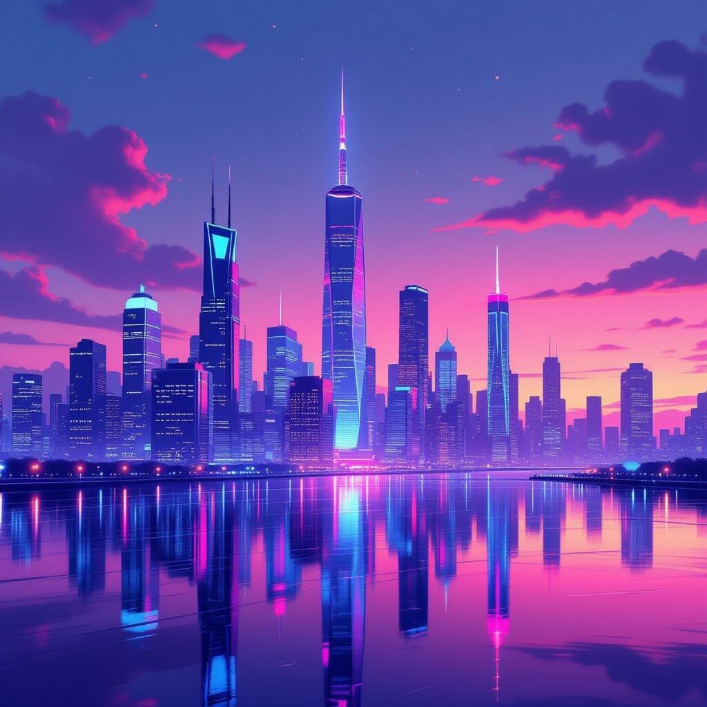 Futuristic Cityscape with Neon Reflections in Airbrush Style