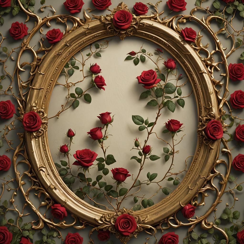 Rose Vines Entwined Around Gold Frame: Digital Painting