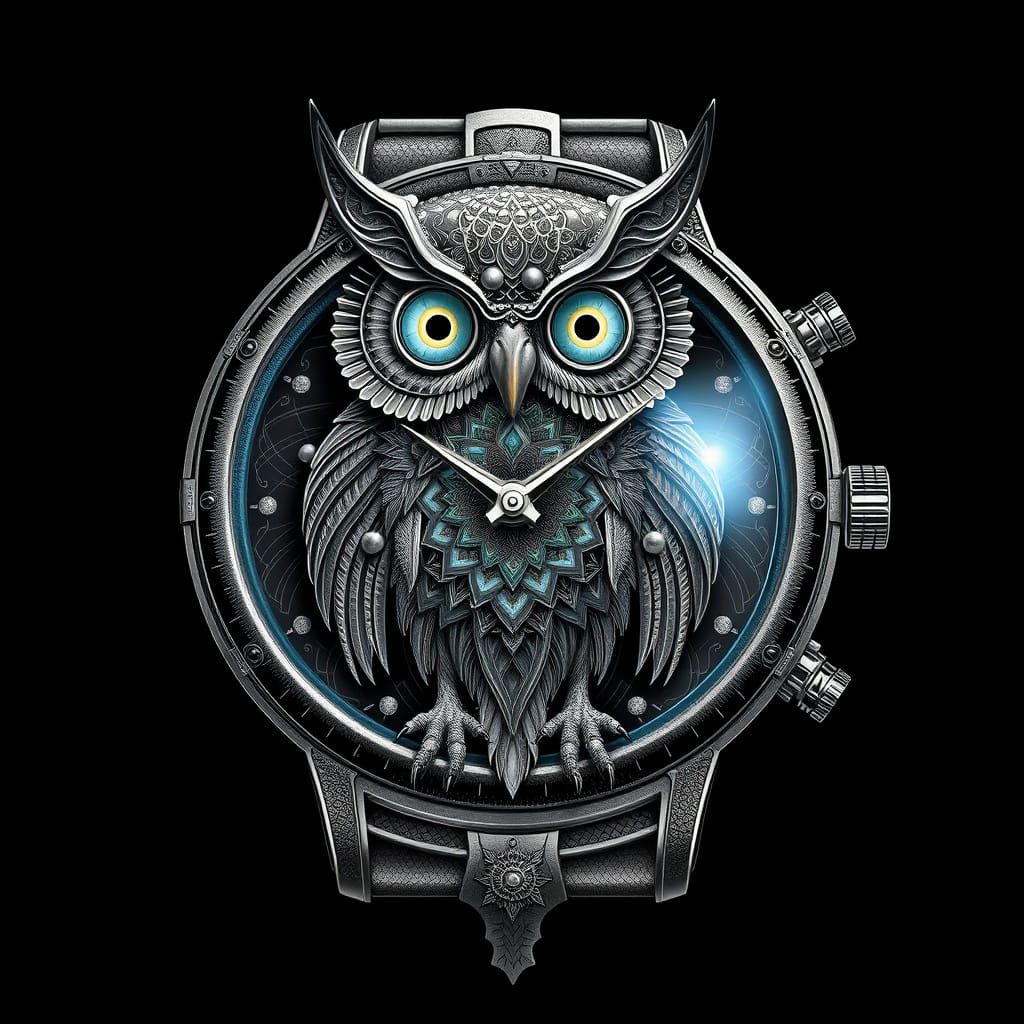 Retrofuturism Owl Watch in Metallic Fractal Art