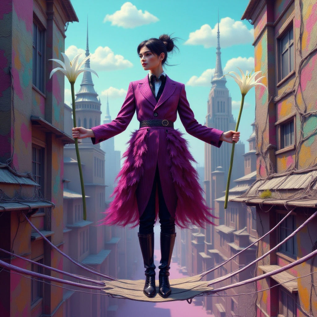 High-Wire Walker Balances Above City Skyscrapers