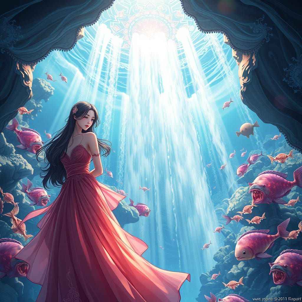 Elegant Women Under Waterfall: Anime Style 3D Art