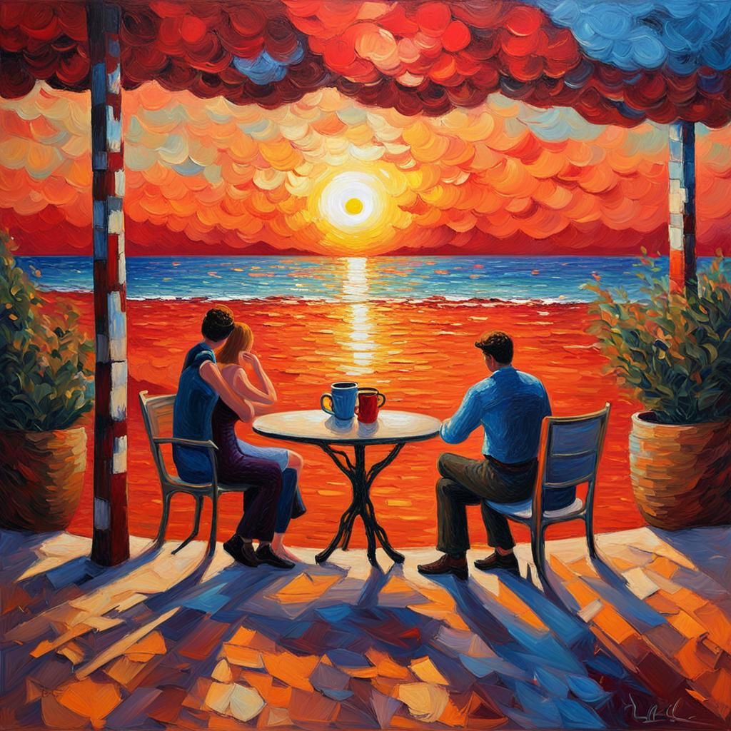 Lovers Watching Sunset: Neo-Impressionist Oil Painting