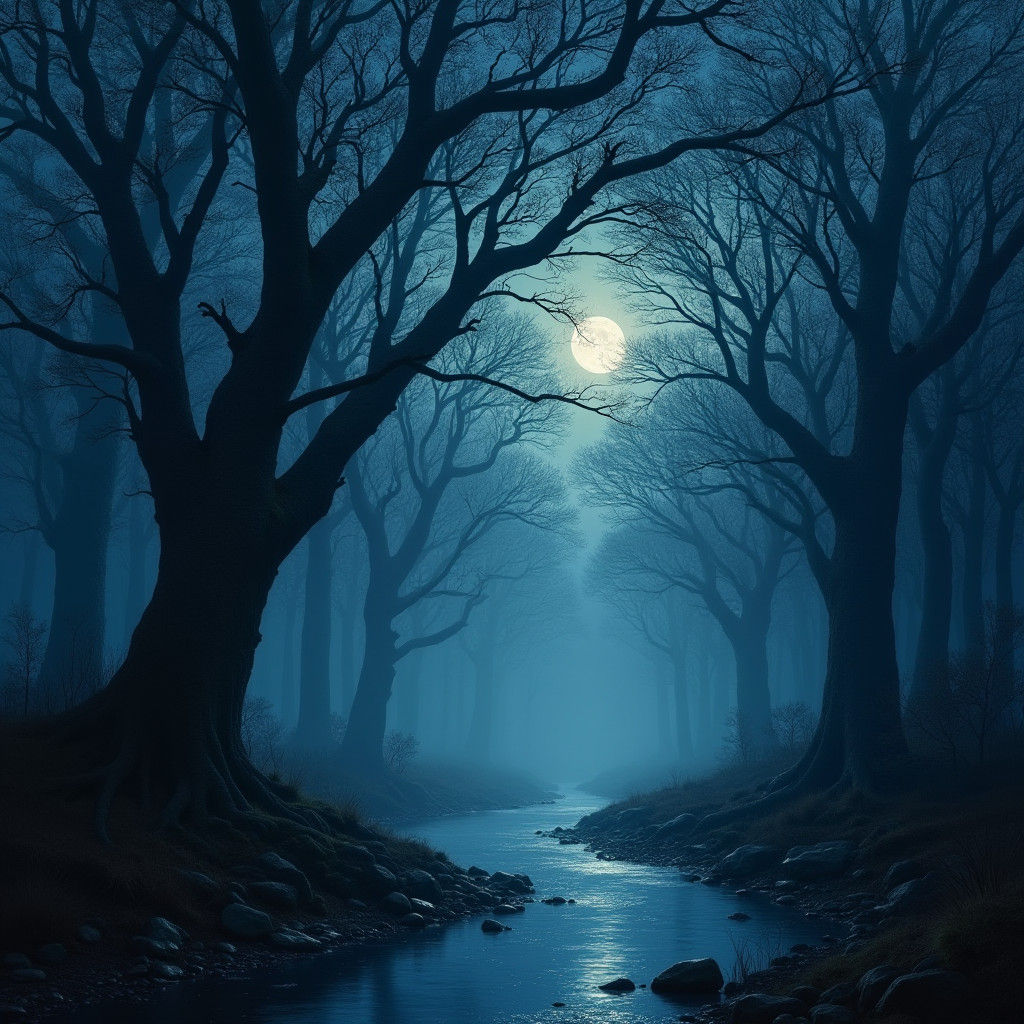 Mystical Forest River at Night in Fantasy Style