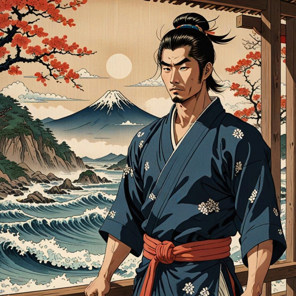 Gorgeous Muscled Man Daydreaming in Ukiyo-e Style