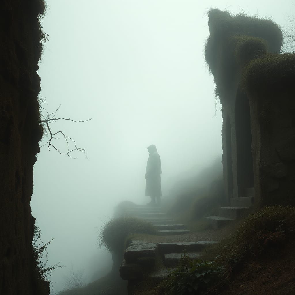 Melancholic Figure in Misty Ruins