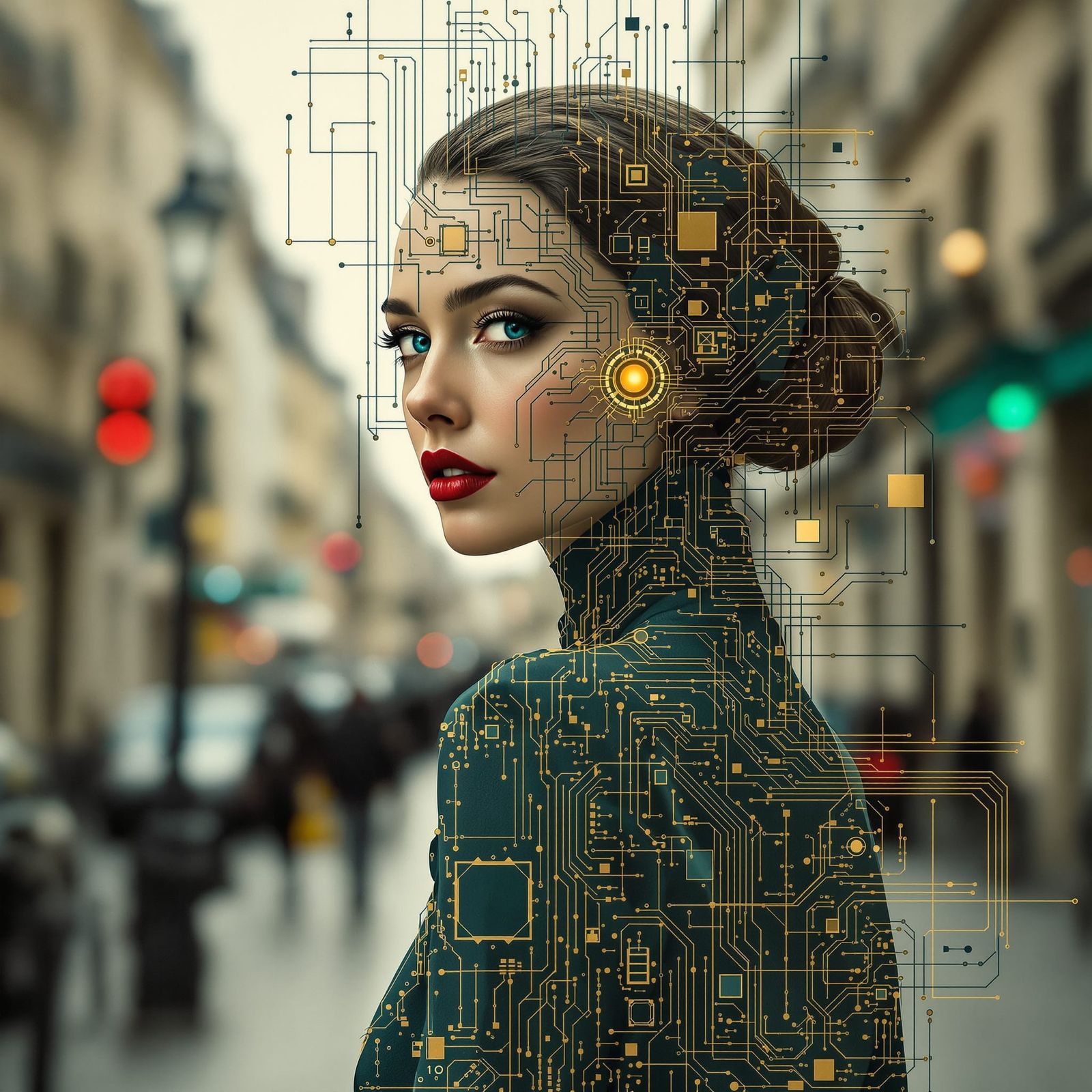 Cybernetic Woman in 1920s Paris, Mixed Media Style