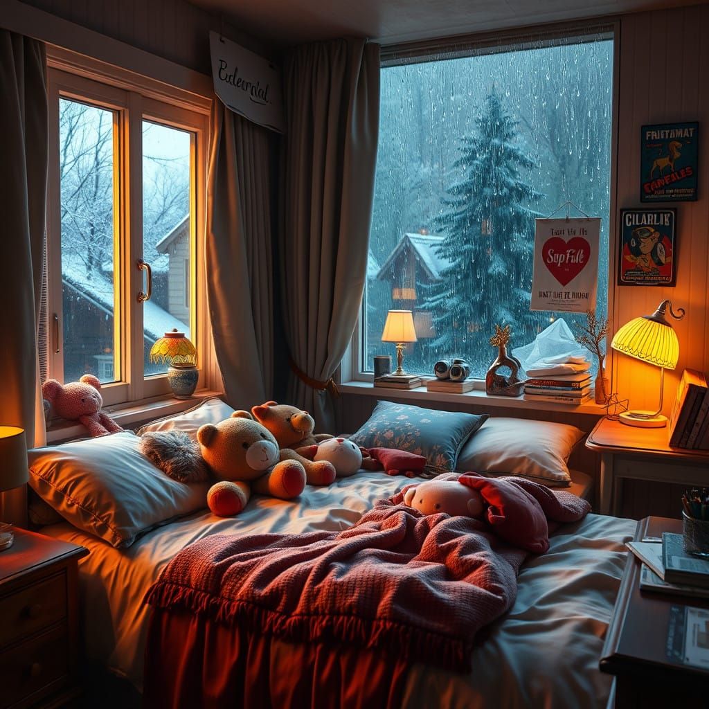 Whimsical Winter Hotel Bedroom in Dreamlike Atmosphere, Insp...