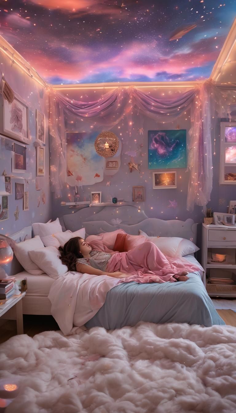 An a young girl asleep dreaming a magical dream in an ethereal space bedroom with a floating bed adorned in vibrant Abys...