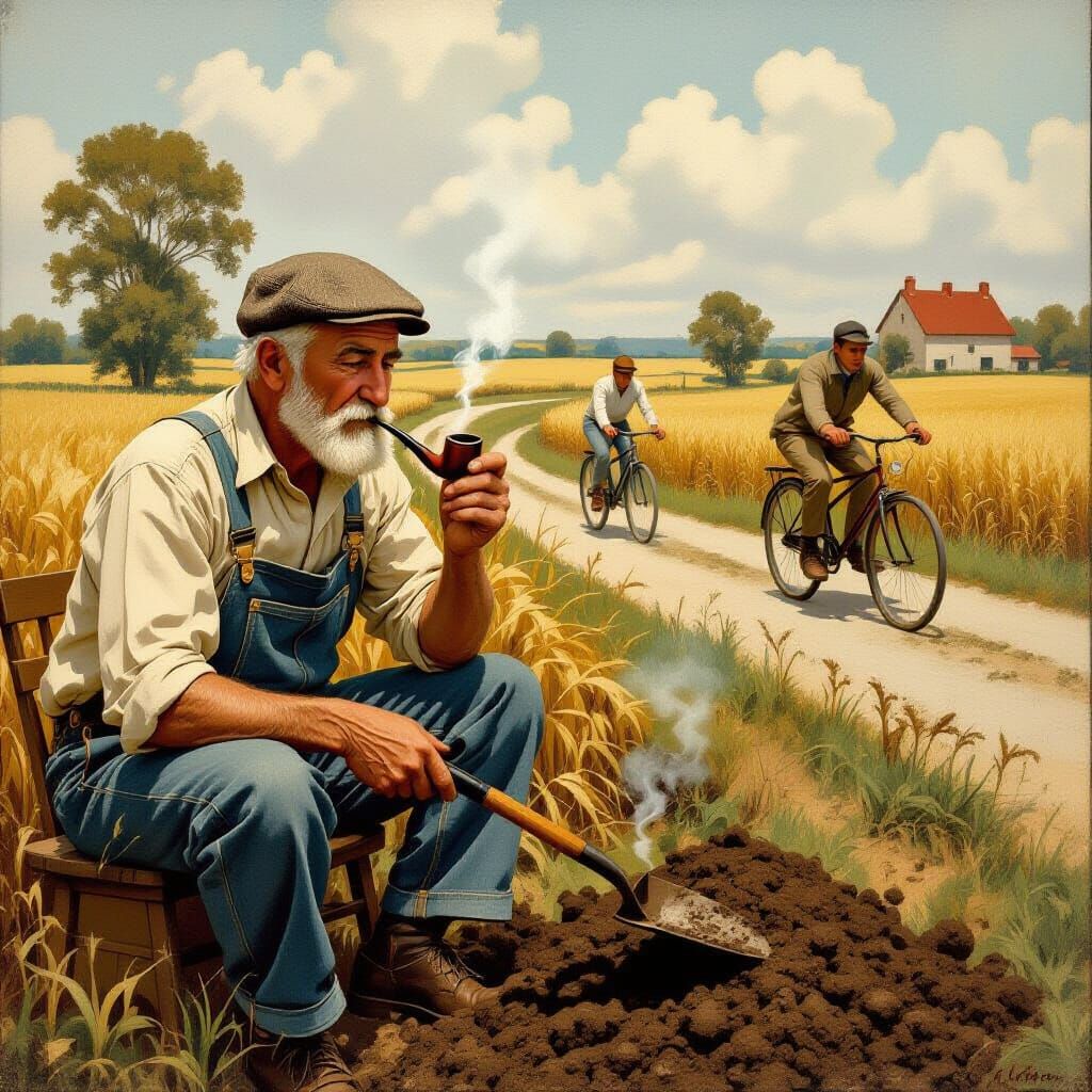 Man Shovels Manure Near Cyclists in Rockwell Style