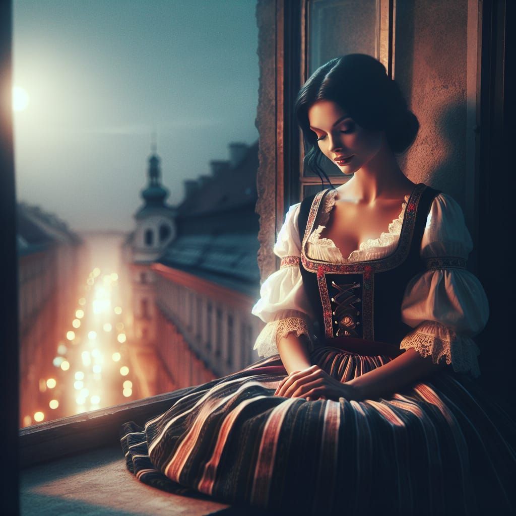 Hungarian Woman in Folk Dress at Night, Cinematic Lighting