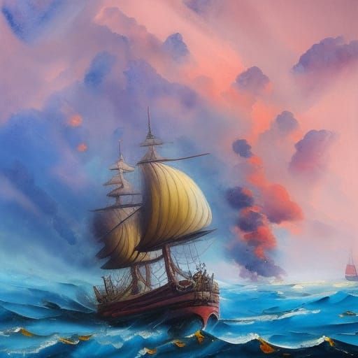 Stormy Pirate Ship Battle in Oil Painting Style