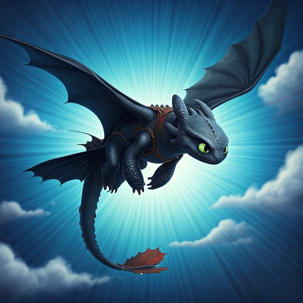 Majestic Night Fury Dragon Soars Through Electric Blue Sky