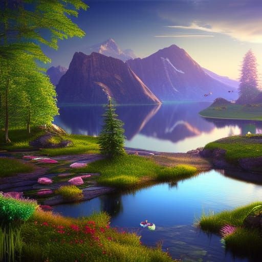 Colorful Mountain Pond Landscape at Sunset