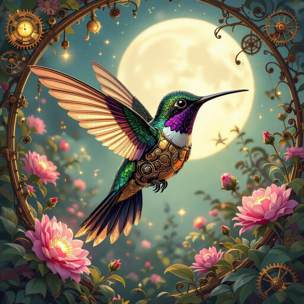 Steampunk Hummingbird Automaton in Bioluminescent Garden