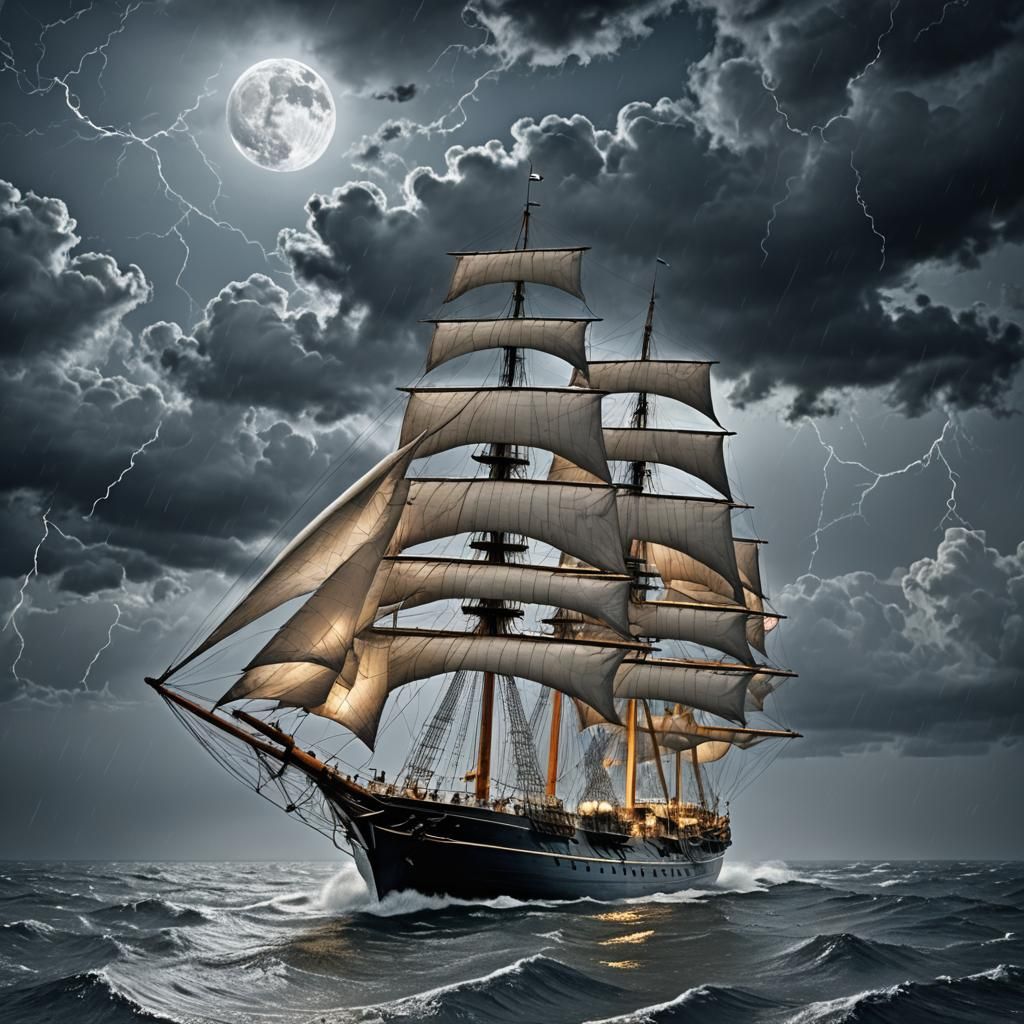 Sailship Navigating Stormy Seas Under Full Moon