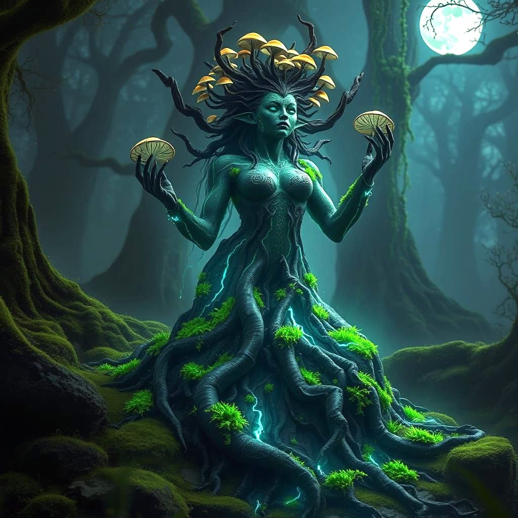 A photograph of a serene, female earth entity rising slowly from the mossy forest floor. Her form is sculpted from dark,...