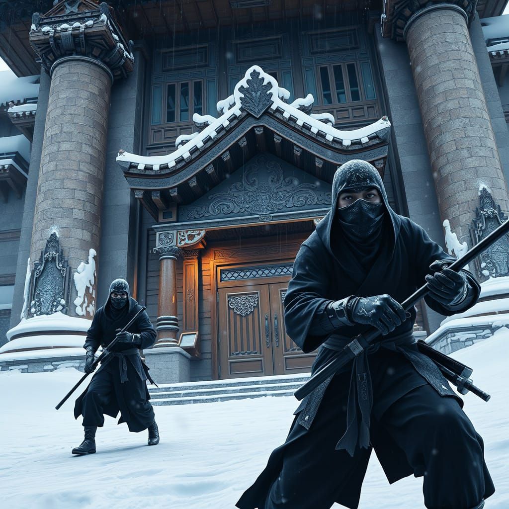 Snowy Bank Heist by Stealthy Ninjas in Cyberpunk Aesthetic