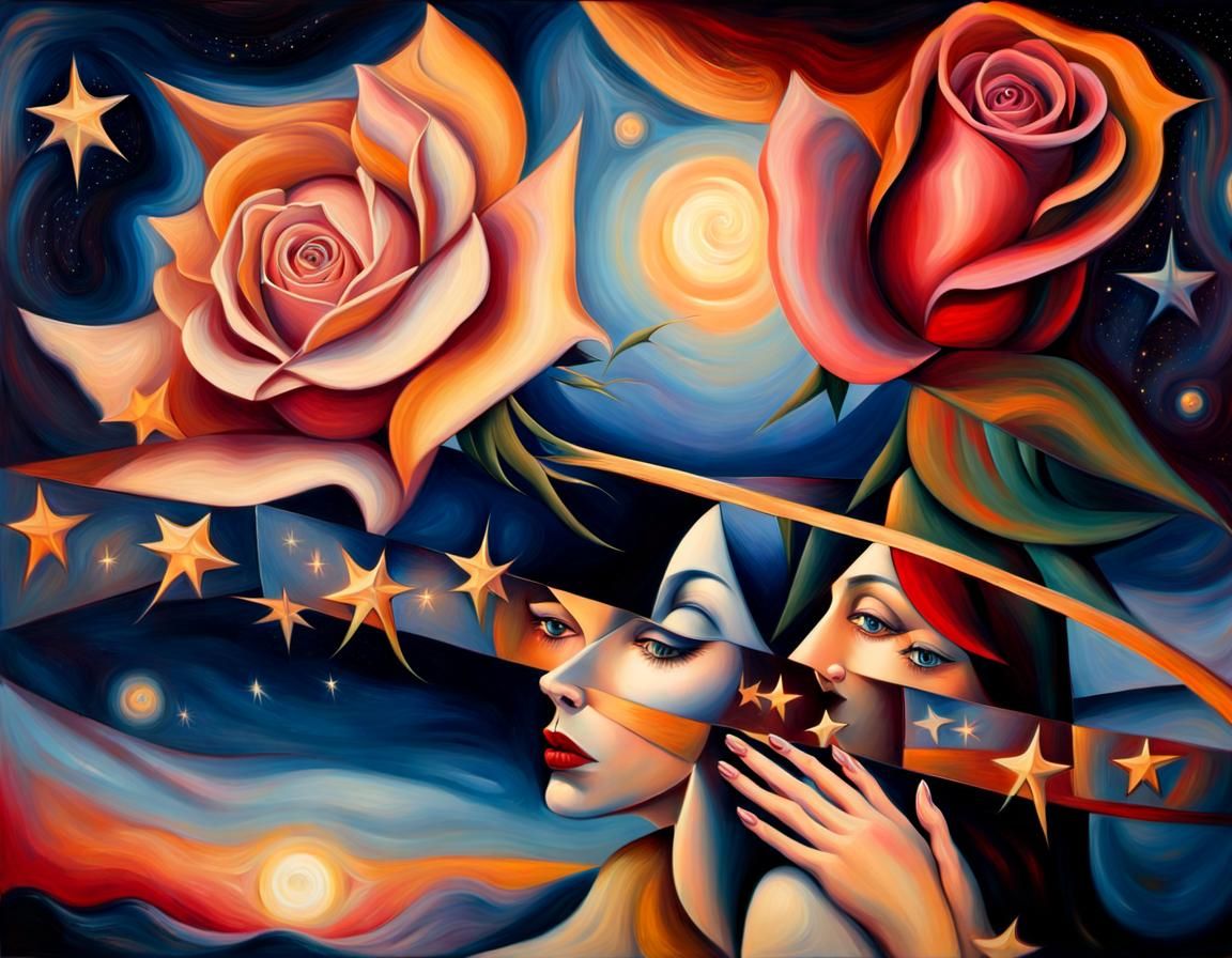 Dual Visage Woman with Rose in Surreal Oil Painting
