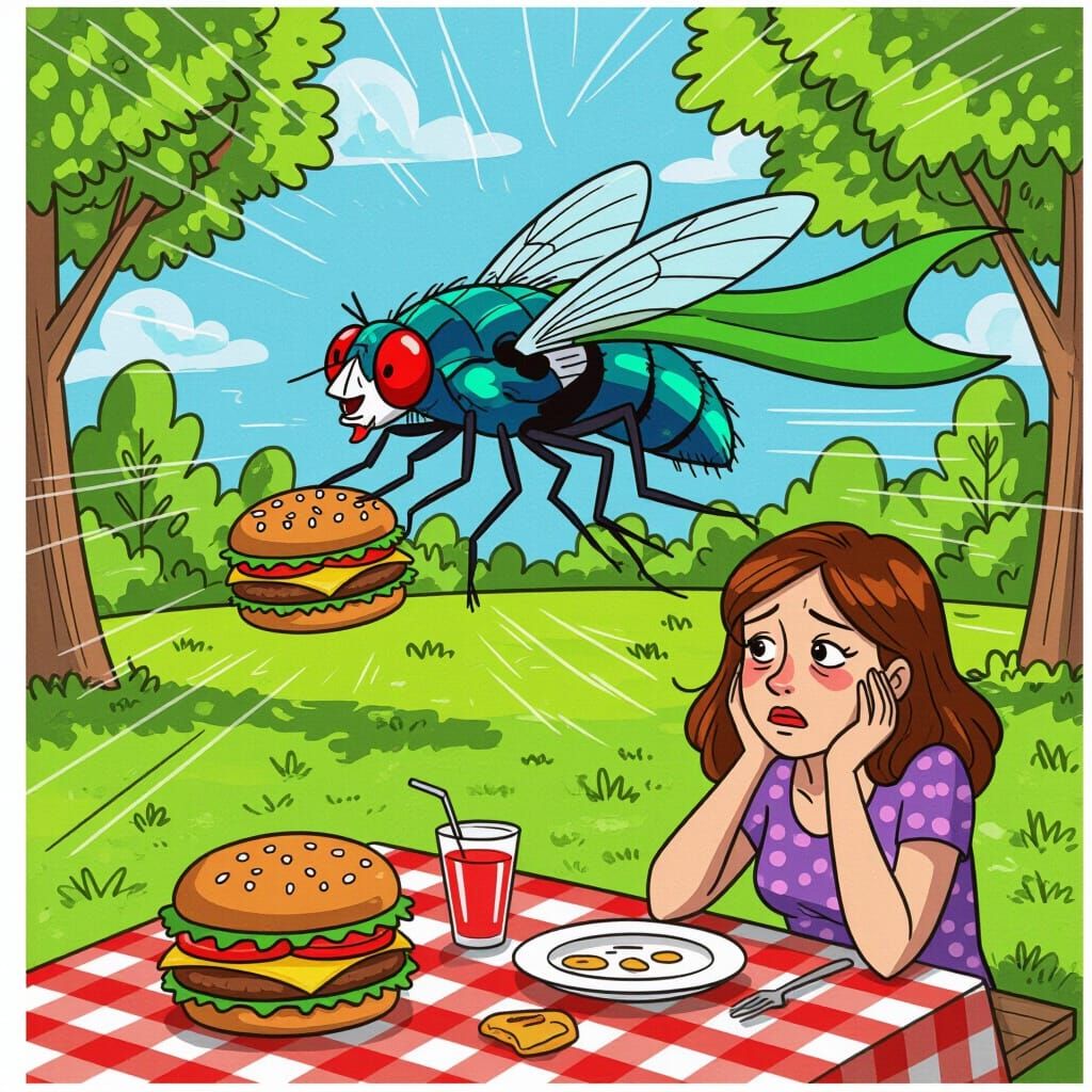 Evil Super-Fly Steals Hamburger at Picnic