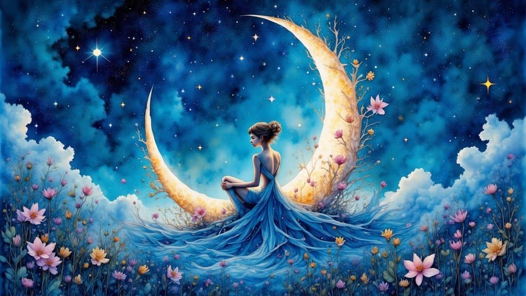 Woman on Moon in Watercolor Dreamscape