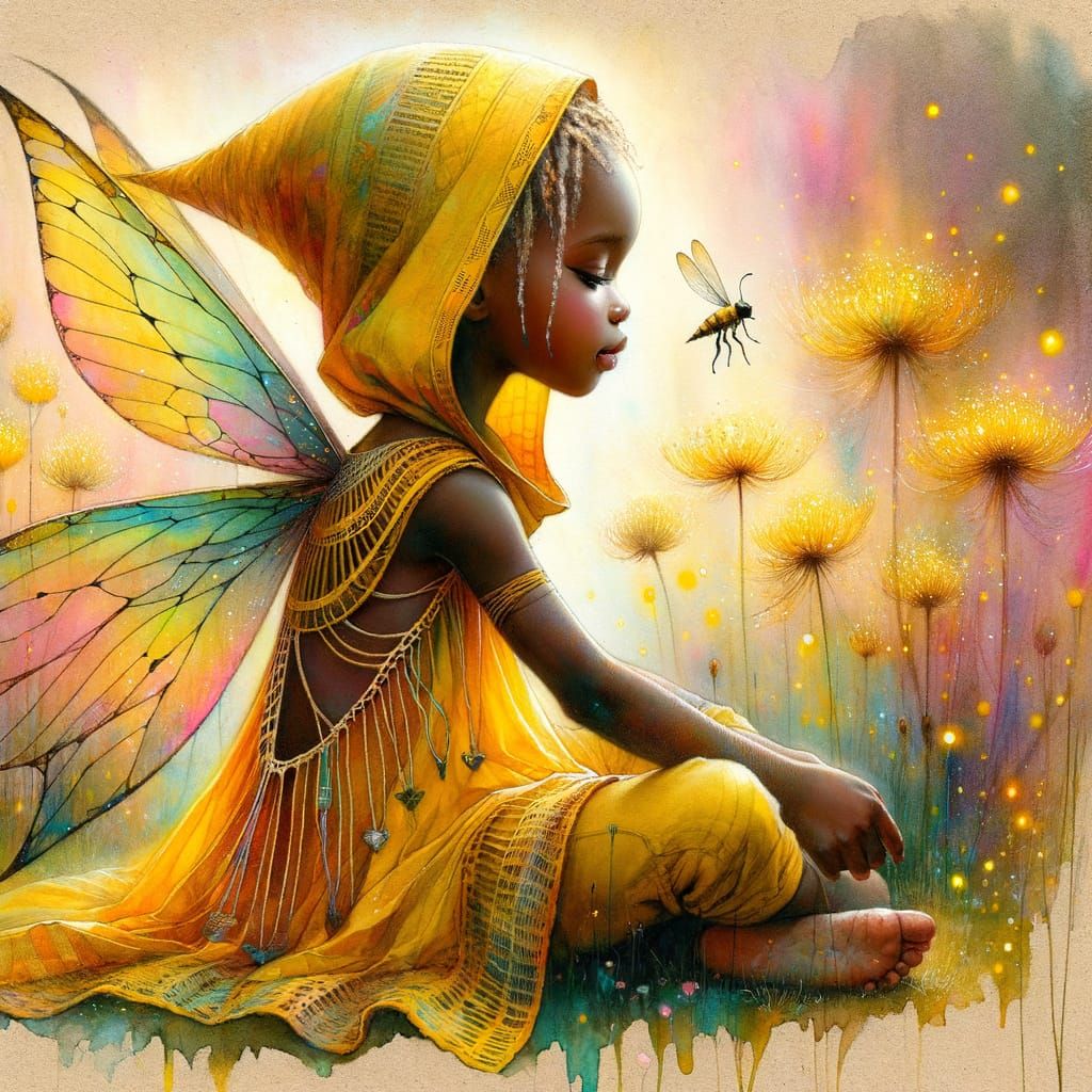 Whimsical Watercolor Fantasy with African Girl in a Dreamy M...