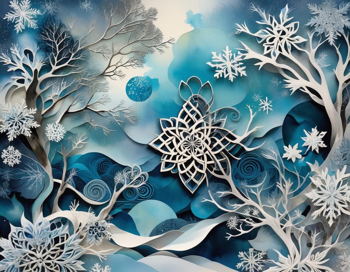 Winter Collage with Celtic Knots in Chinese Ink Style