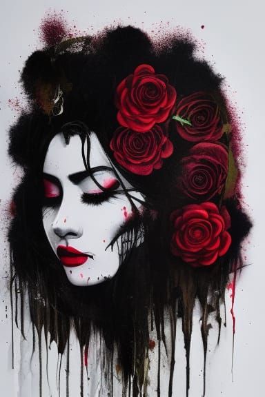 Weeping Woman with Thorns and Roses: Ink Drawing