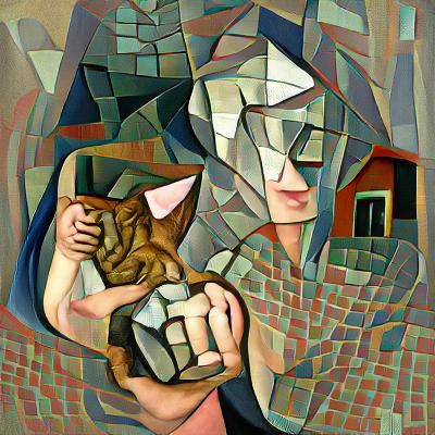 Woman Holding Cat in Cubist Art Style