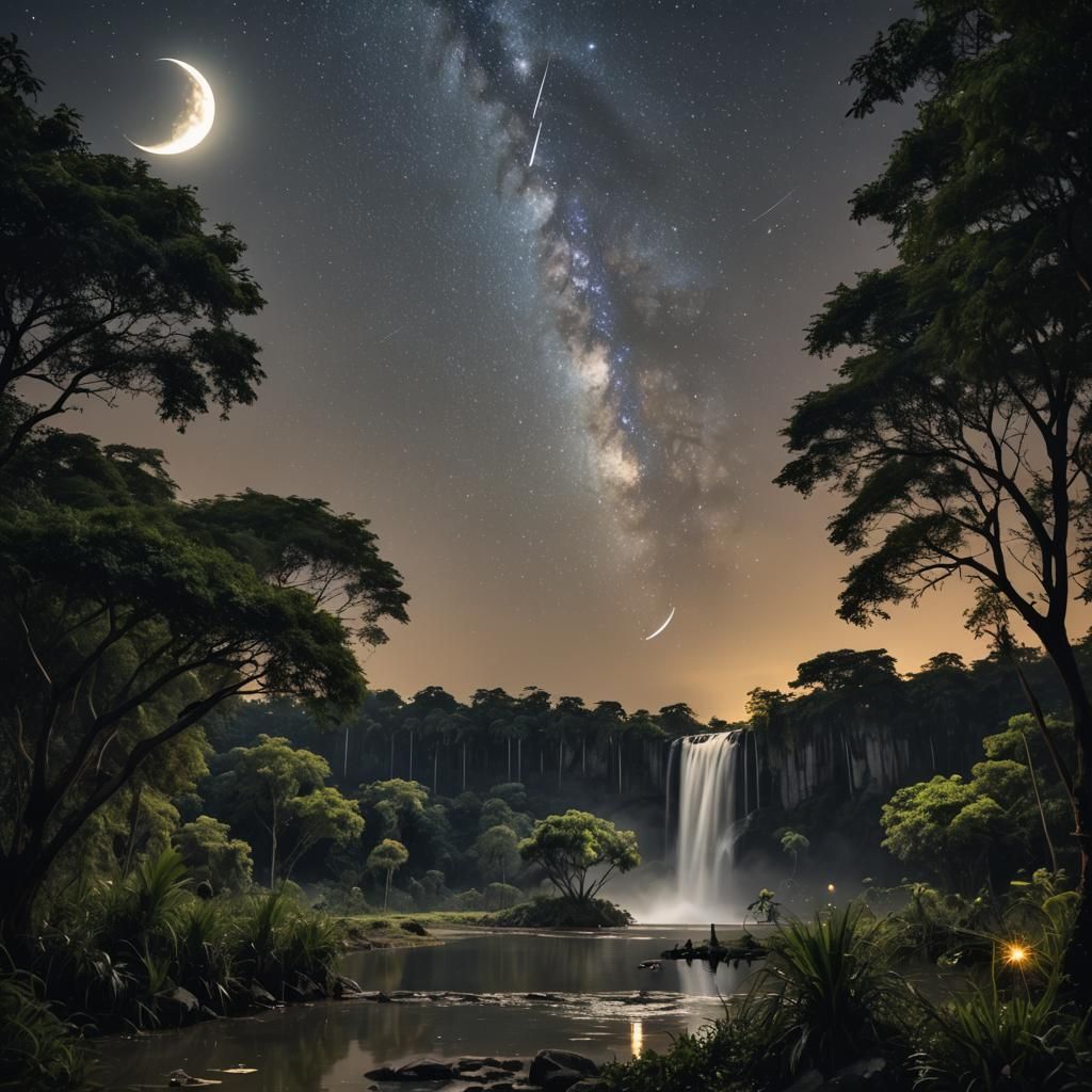Night Waterfall with Stars, Moon, and Shoebill Storks