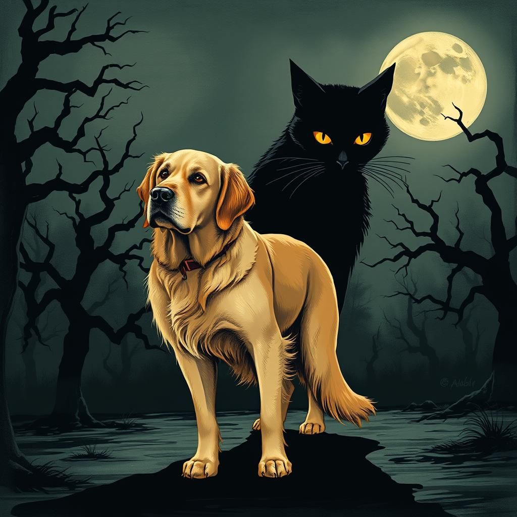 Ominous Shadow: Golden Retriever in Gothic Moonlight