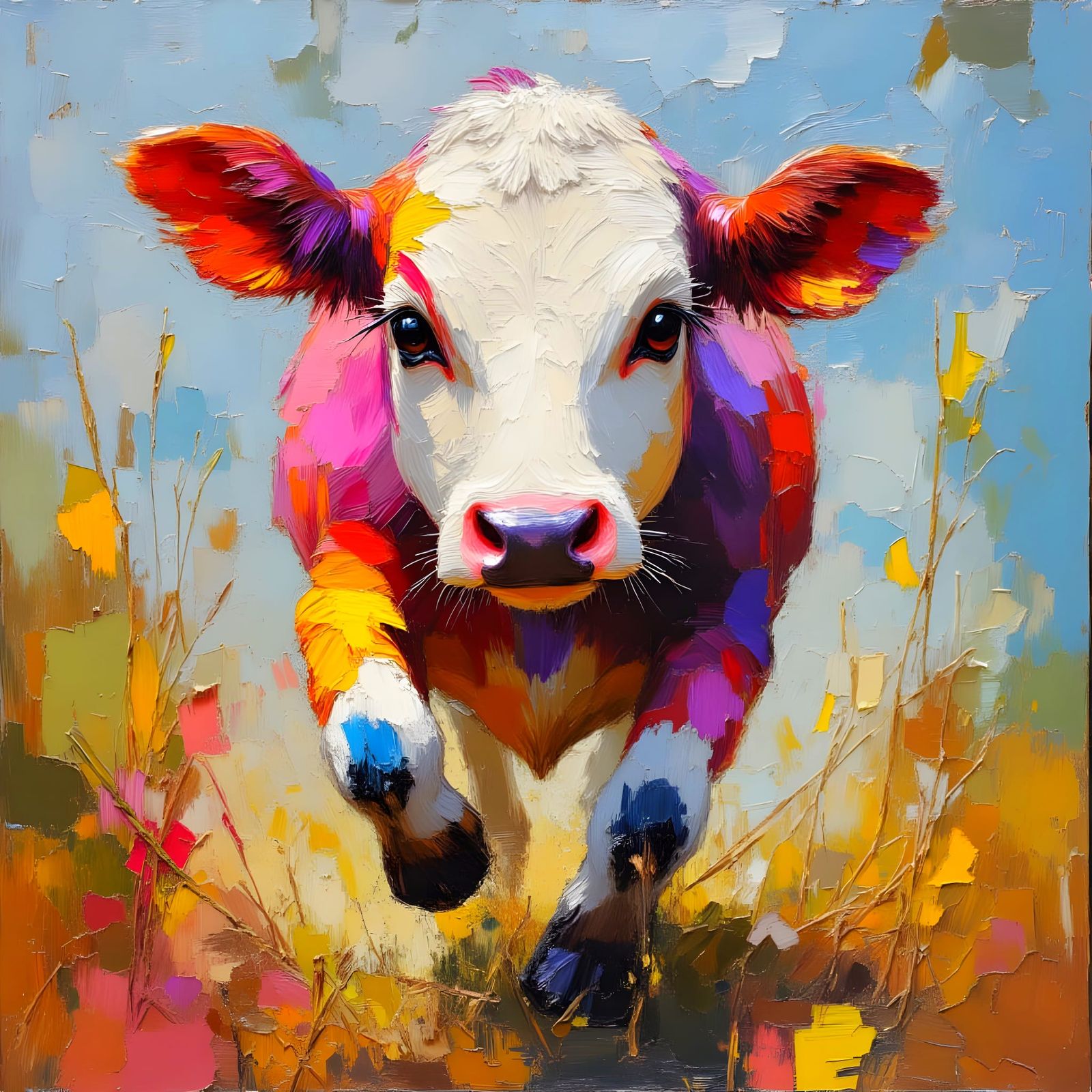 Expressive Cow in Impasto Style, Vibrant Palette