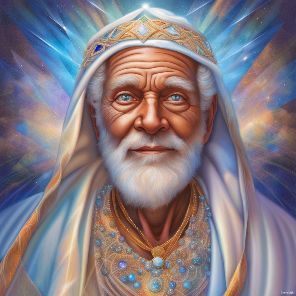 Frontal portrait of wise, older man, crystal blue eyes, tan ...