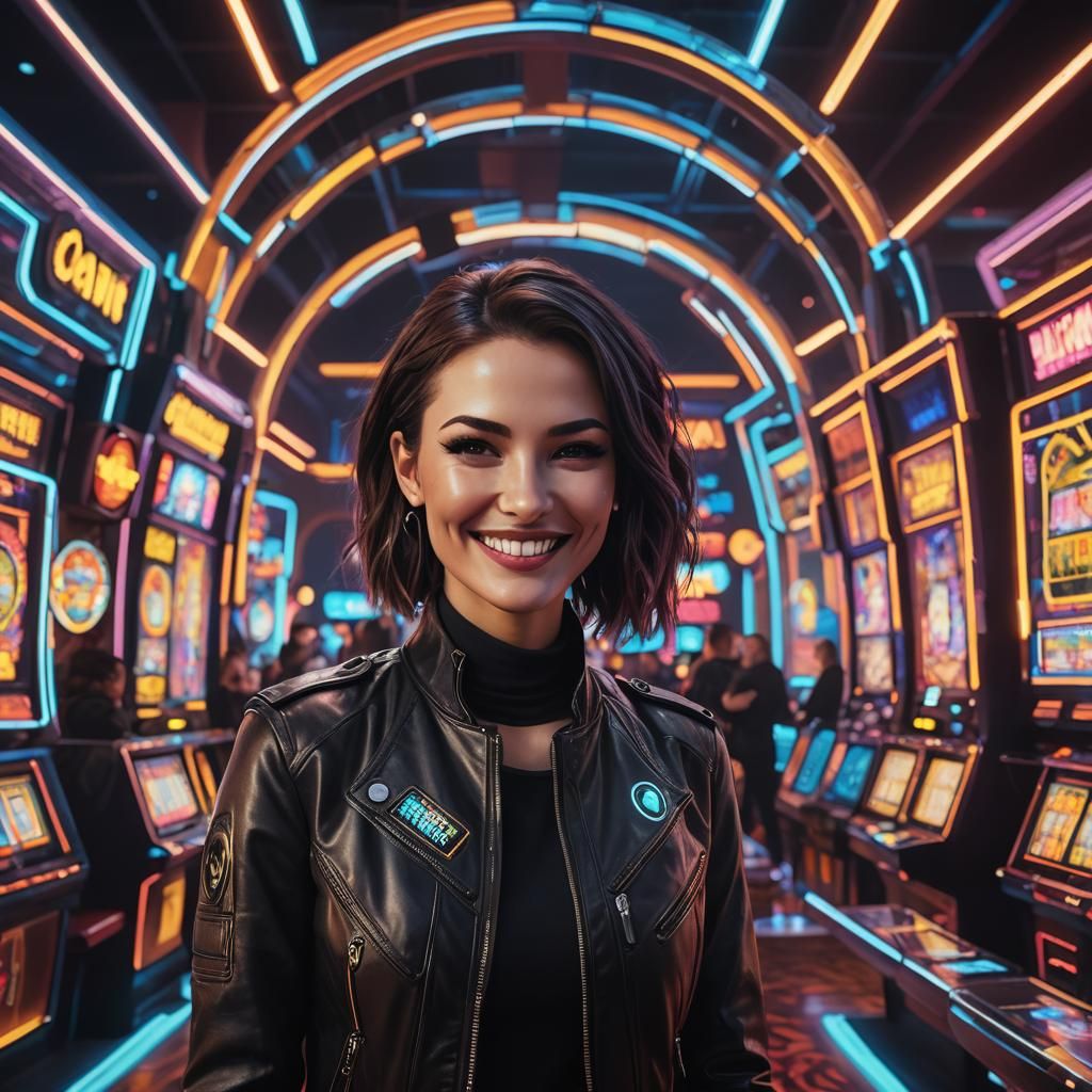 Futuristic Casino Welcome: High-Tech Portrait in Neon Lights
