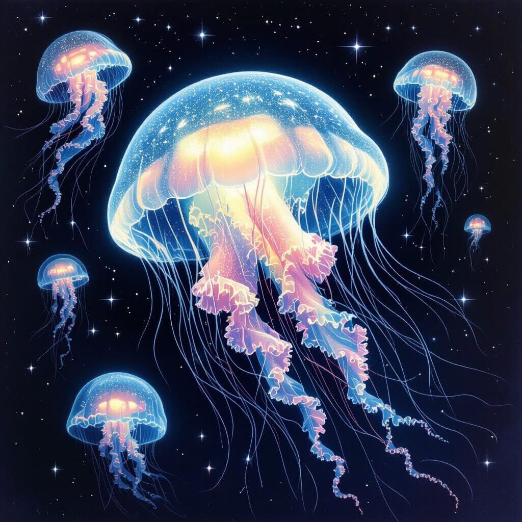 Bioluminescent Jellyfish in Dreamlike Cosmic Scene