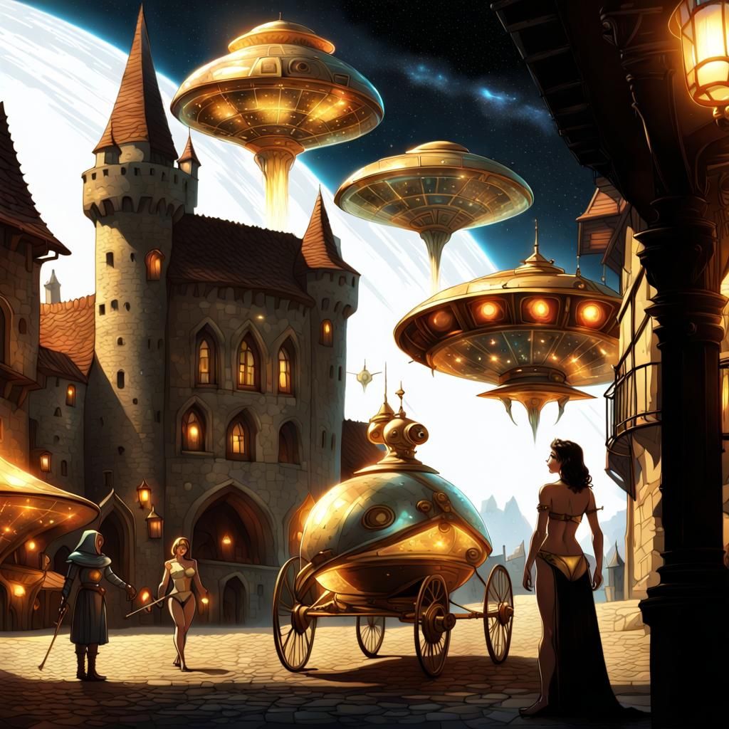 Spacegirl and UFO in Medieval Marketplace, Detailed 3D Art