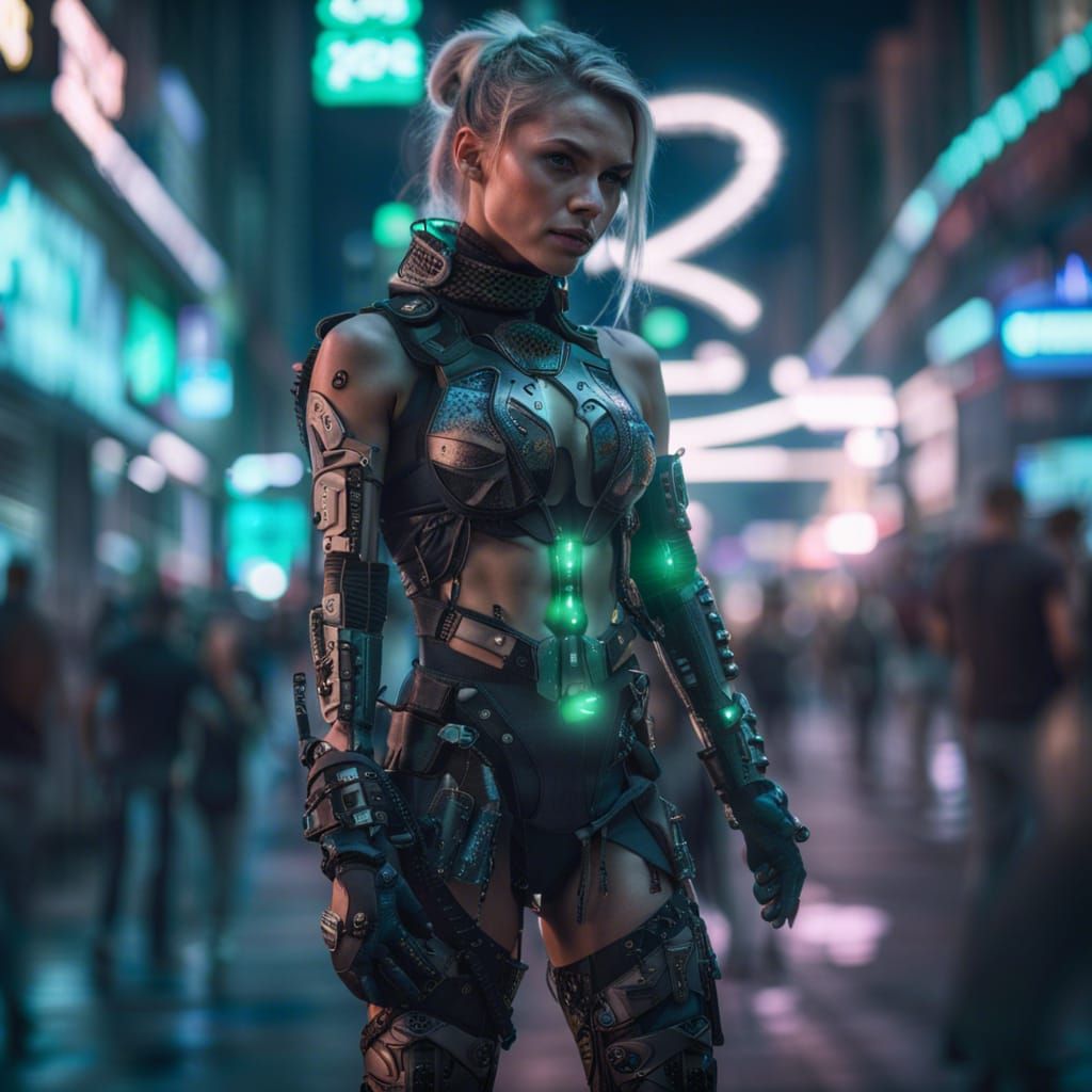 Futuristic Cyberpunk Tattooed Woman in Metallic Landscape