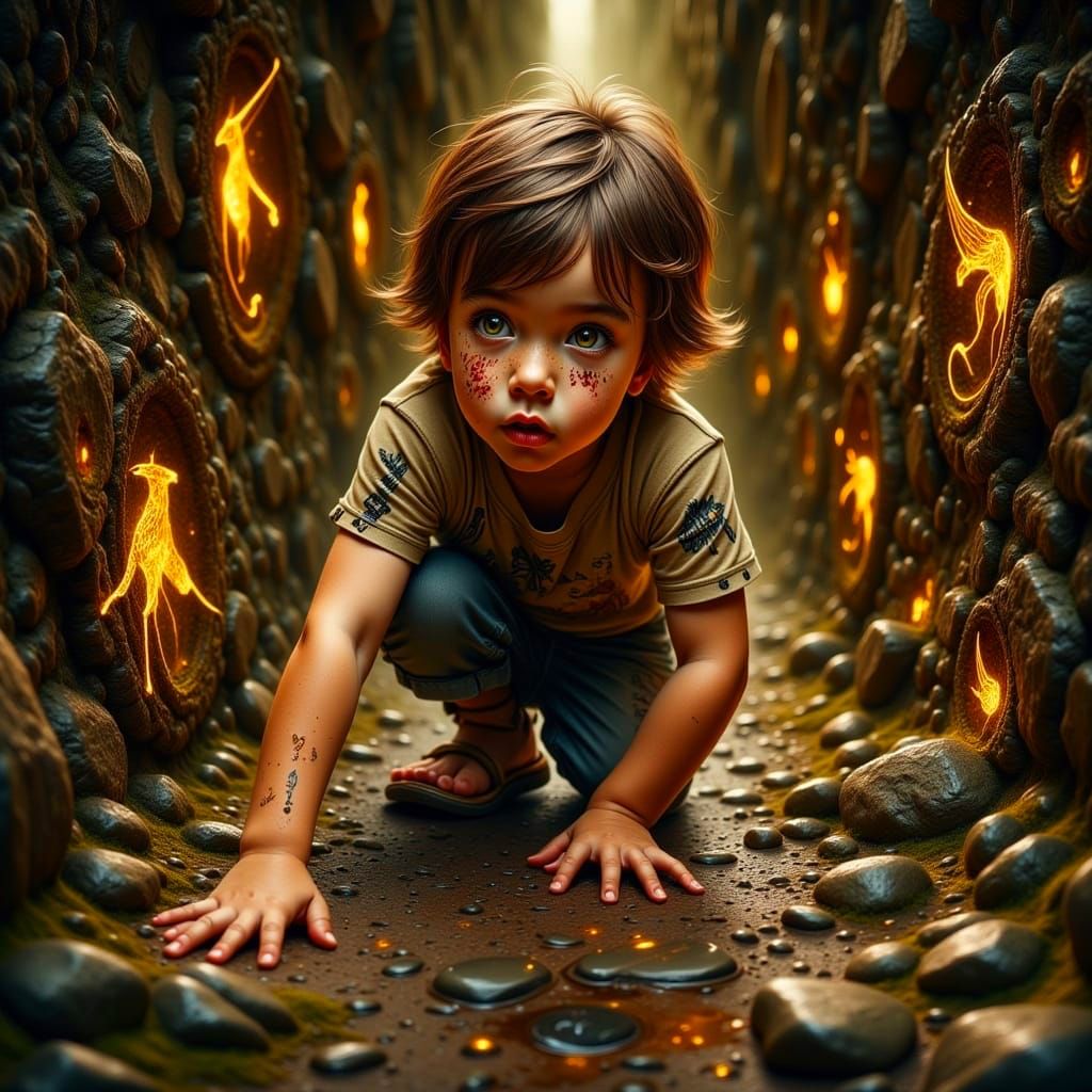Young Boy in a Grungy, Magical Stone Tunnel