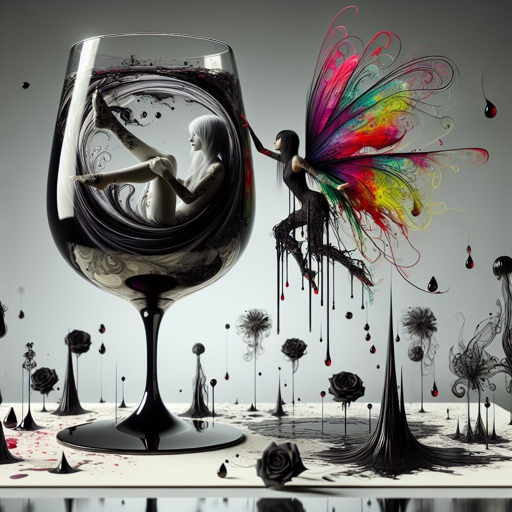 Goth Woman in Wine Glass: Surreal Photorealistic Art