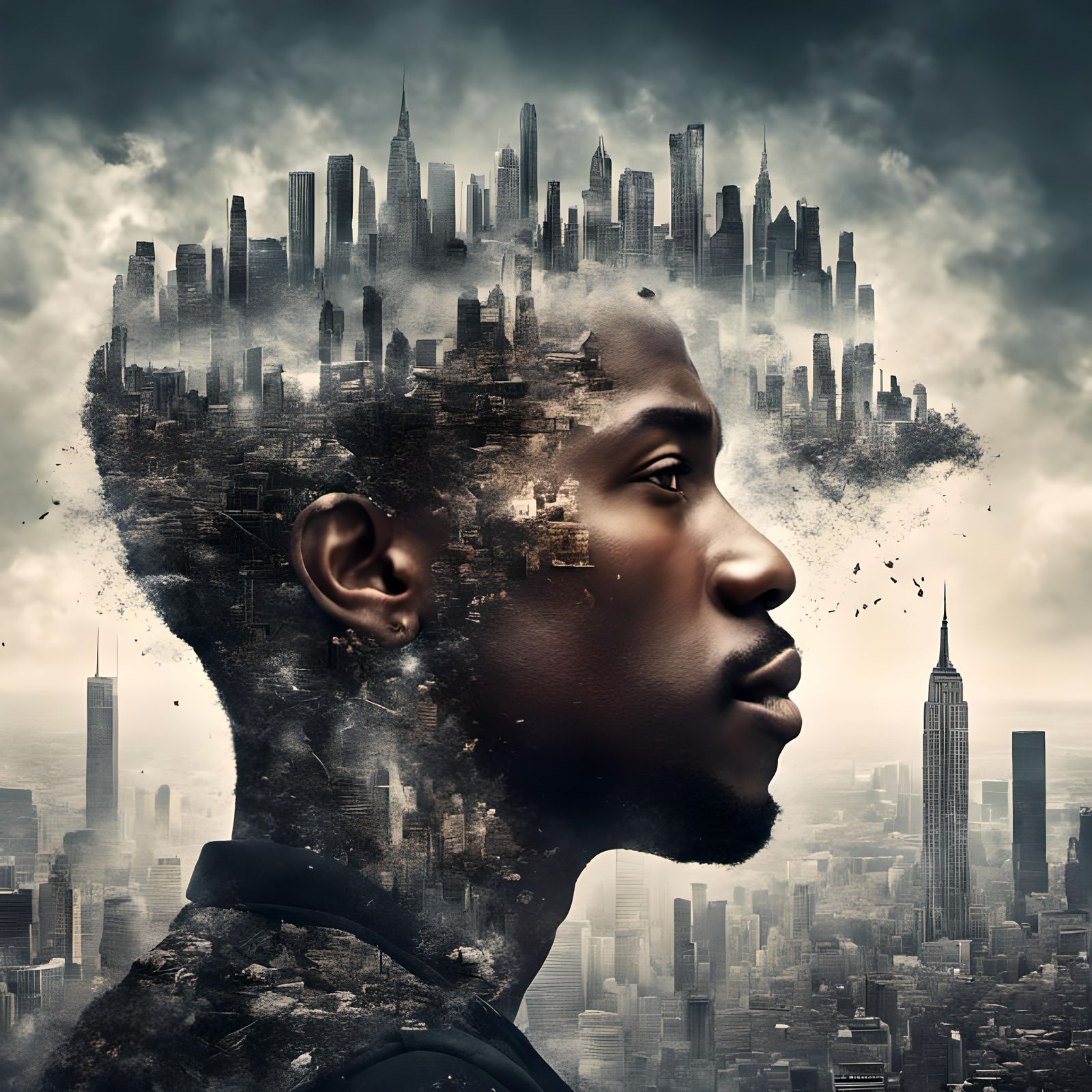 Cityscape Portrait: Black Man Merged With Urban Scene