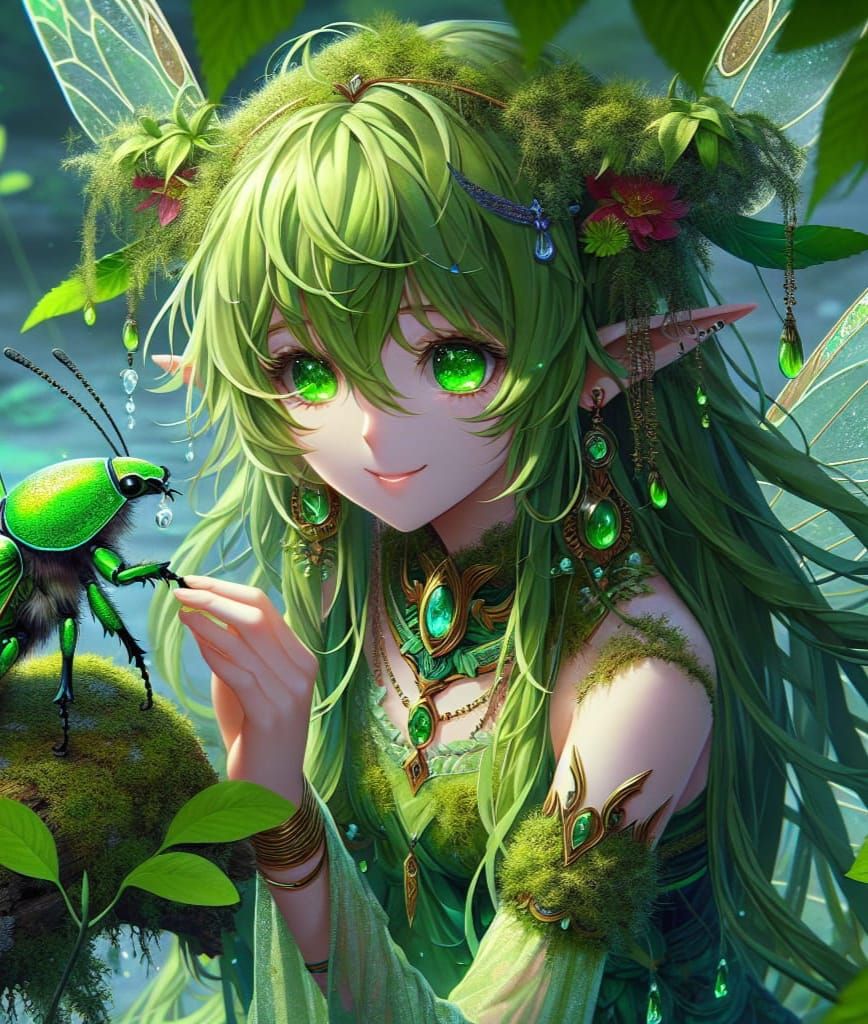 Anime Fairy with Emerald Beetle, Detailed Matte Painting